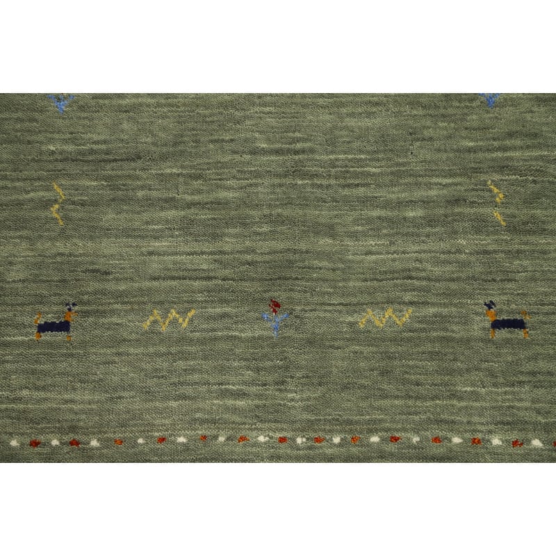 Hand Knotted Oriental 100% Wool Carpet Tribal Animal Pictorial Green Gabbeh Area Rug - 4' 11'' X 3' 0''