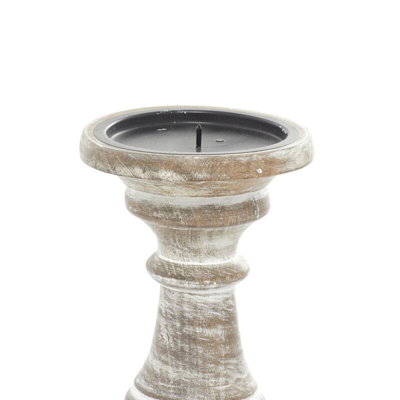 Mango Wood Distressed Turned Pillar Decorative Candle Holder - Set of 3 - Roche River Decor