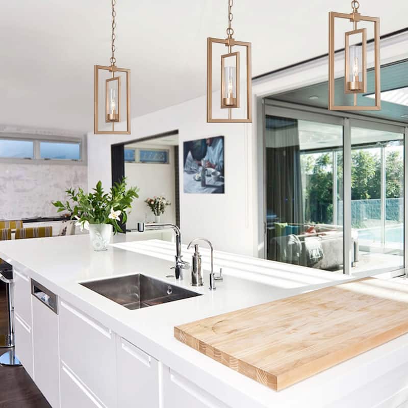 Mid-century Modern Gold Lantern Pendant Farmhouse Dimmable LED Rotatable Kitchen Island Light with Cylinder Glass