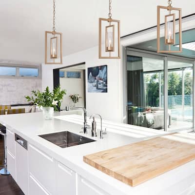 Mid-century Modern Gold Lantern Pendant Farmhouse Dimmable LED Rotatable Kitchen Island Light with Cylinder Glass