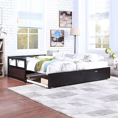 Wooden Daybed with Trundle Bed and Two Storage Drawers