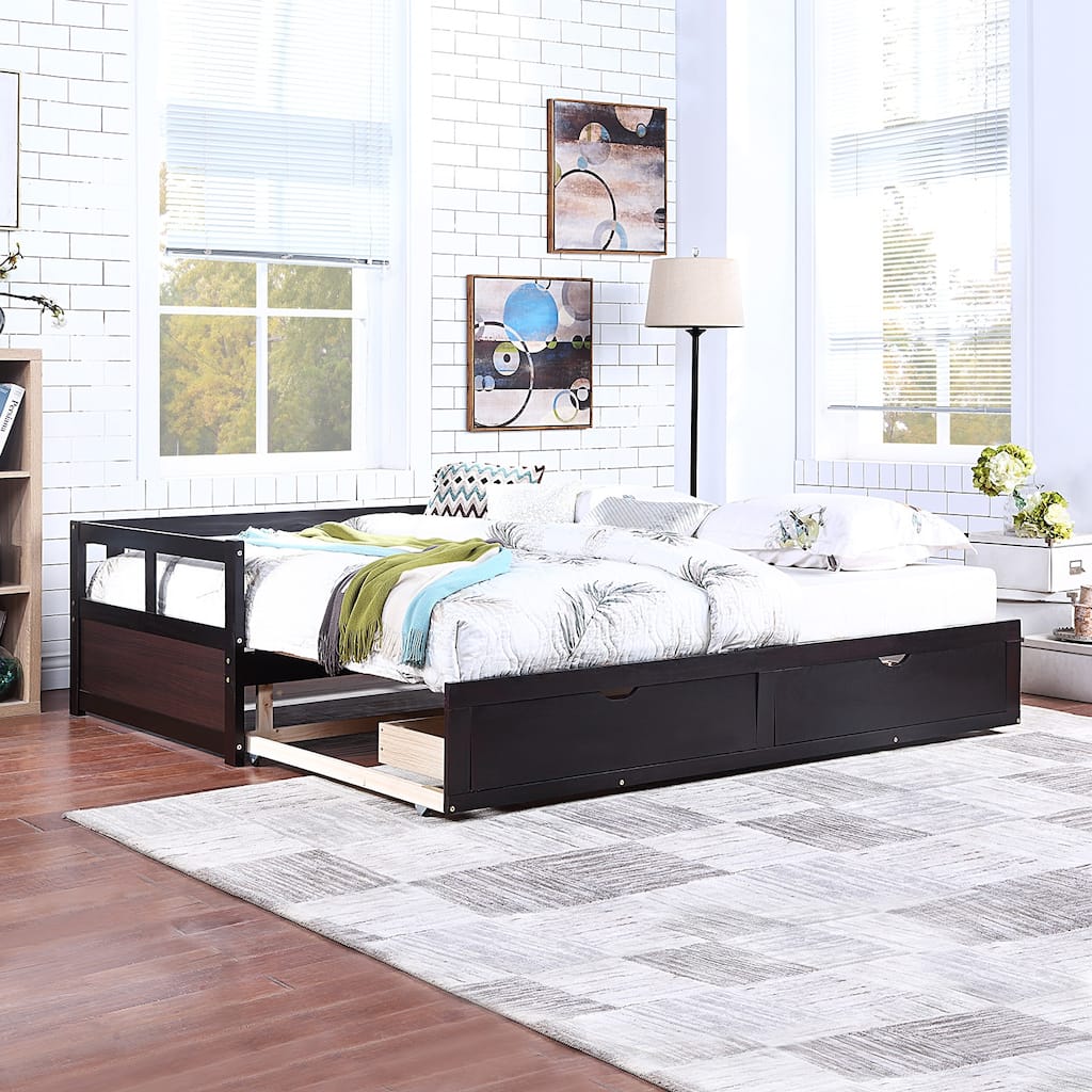 Wooden Daybed with Trundle Bed and Two Storage Drawers