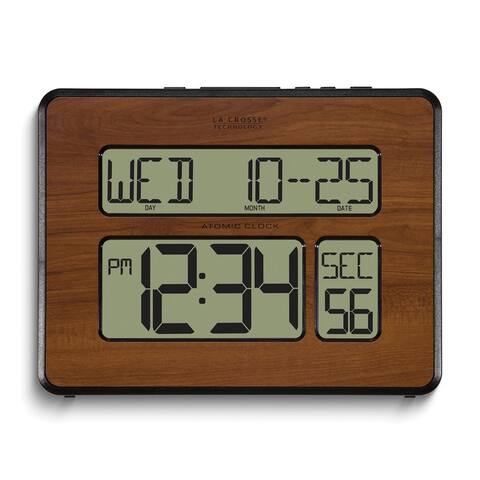 Curata Atomic Digital Wood Finish White Backlight Wall Clock with Calendar and Temperature