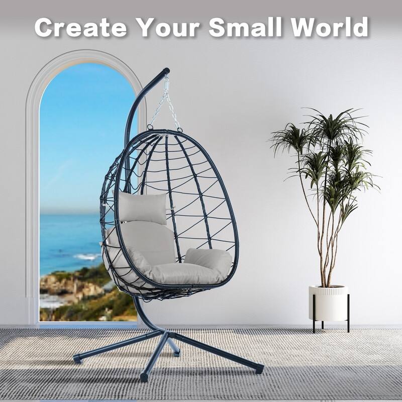 Wicker Hanging Egg Chair with Stand - Boho Swing Chair for Patio, Living Room, Bedroom & Balcony