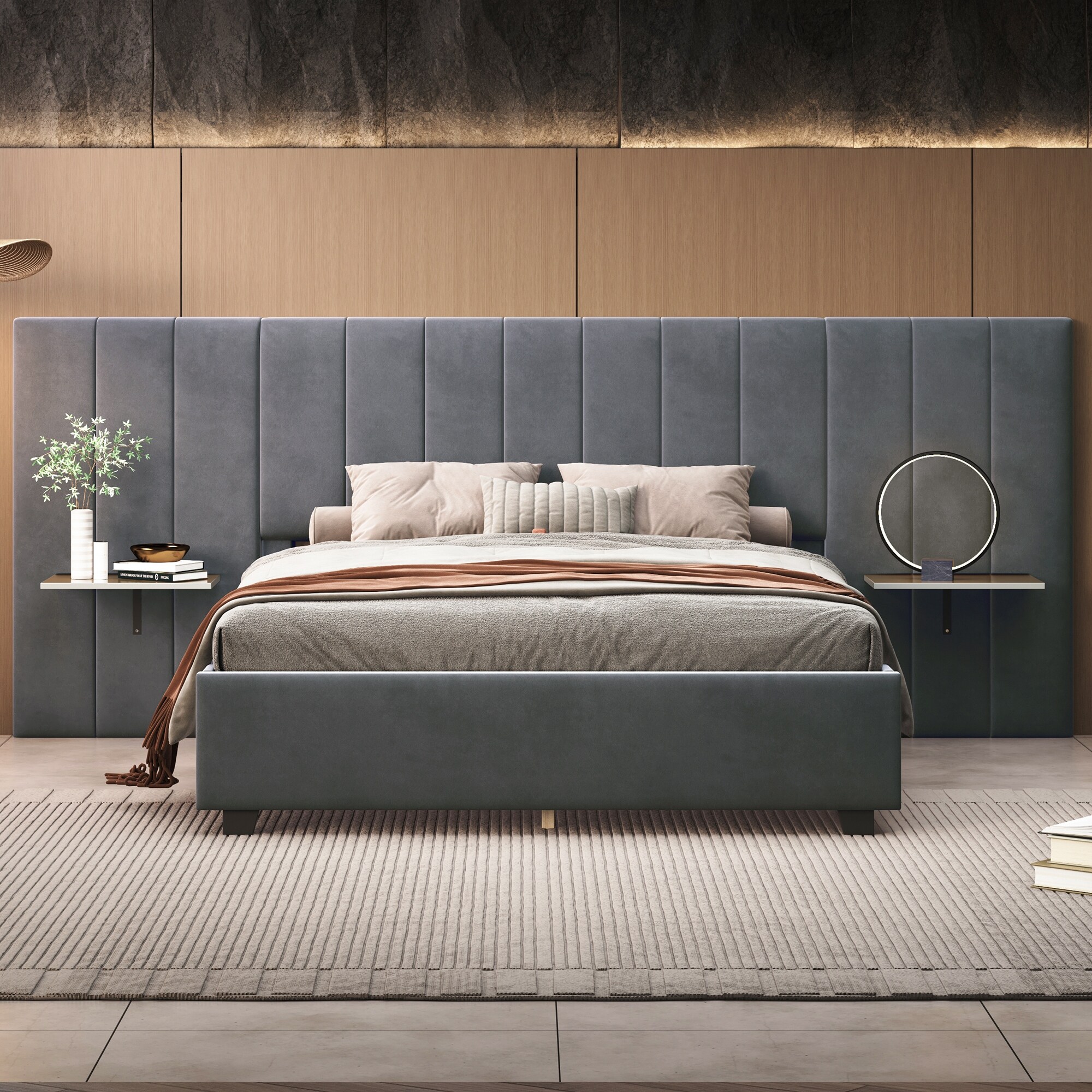 Full Size Platform Bed Velvet Upholstered Bed with Vertical Stripe Big Headboard 2 Shelves Wood Slat Support Bed Frame Grey On Sale Bed Bath Beyond 41328634