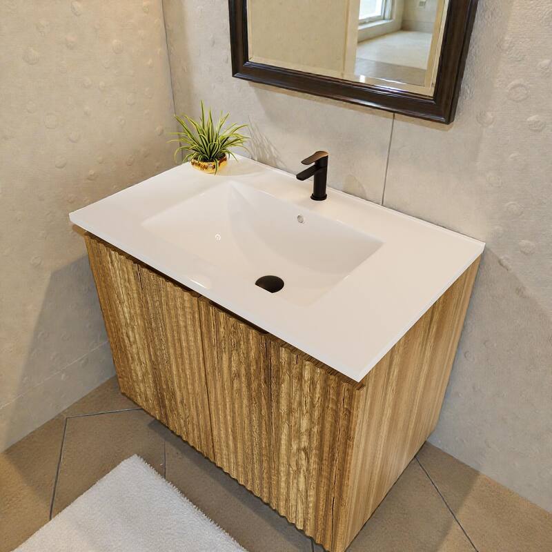30 Inch Folding Wall Cabinet with Ceramic Sink, Patented 1-Minute Install, Space-Saving Modern Bathroom Cabinet