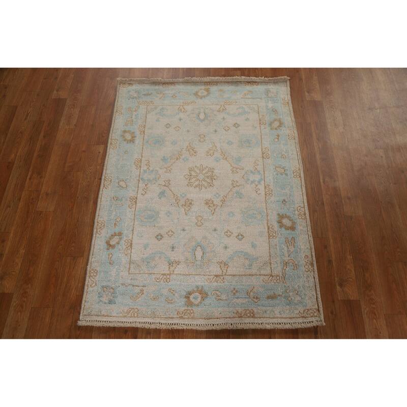 Hand Knotted Oriental 100% Wool Carpet Transitional Geometric Beige & Ivories Oushak Area Rug - 3' 11'' X 2' 11''