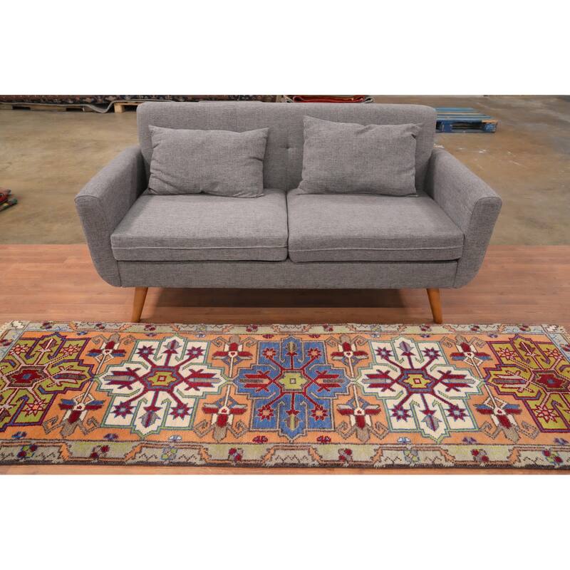 Hand Knotted Oriental 100% Wool Carpet Traditional Geometric Oranges & Rust Kazak Runner Rug - 8' 0'' X 2' 6''