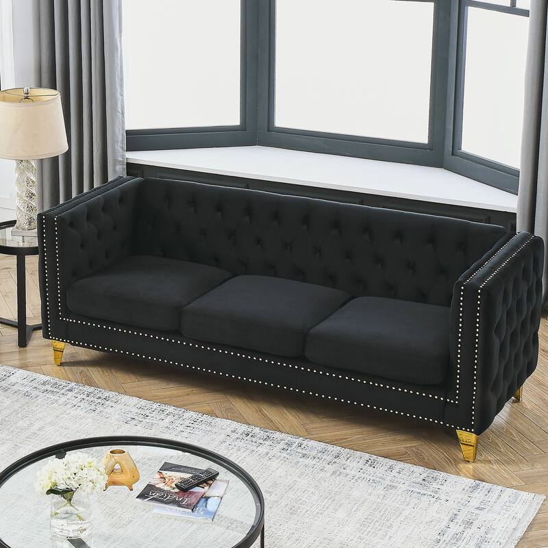 80.5-Inch Velvet 3-Person Sofa with Button Tufting and Nailhead Trim, Upholstered Chesterfield Couch for Living Room
