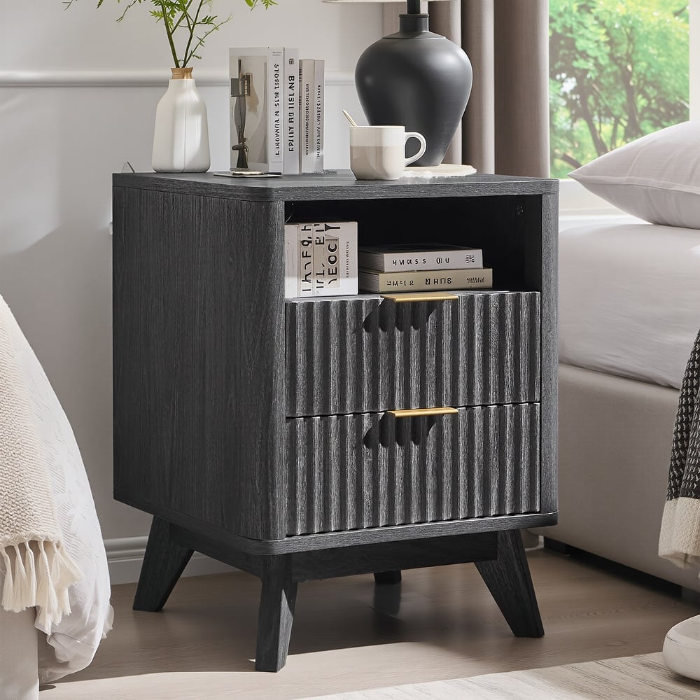 Modern Minimalist Side Table, Fluted Nighstand End Table for Bedroom