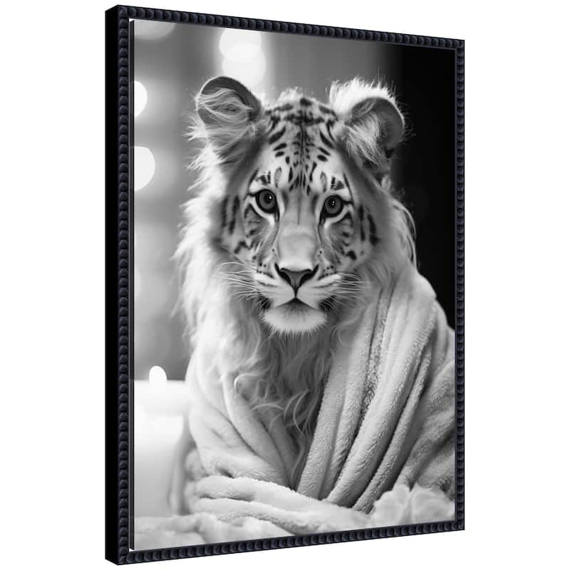 Kate and Laurel Sylvie Tiger Glam Bathroom Towel Robe Black and White Framed Canvas by The Creative Bunch Studio - 18x24 - Black