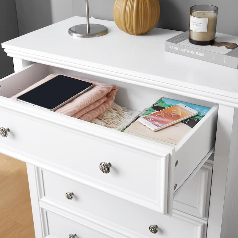 White Farmhouse 5-Drawer Dresser, Stylish Storage Cabinet Solution