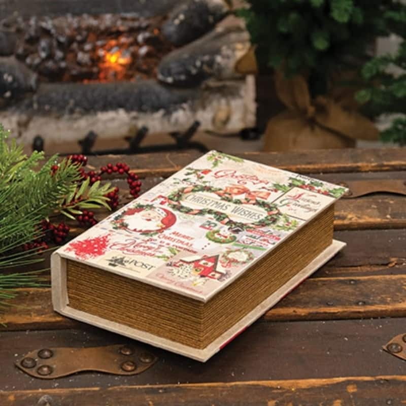 Brown Wooden Christmas Book Box with Vintage Stamp Canvas and Velvet 9.5x6 in - 6 x 2.25 x 9.50 in.