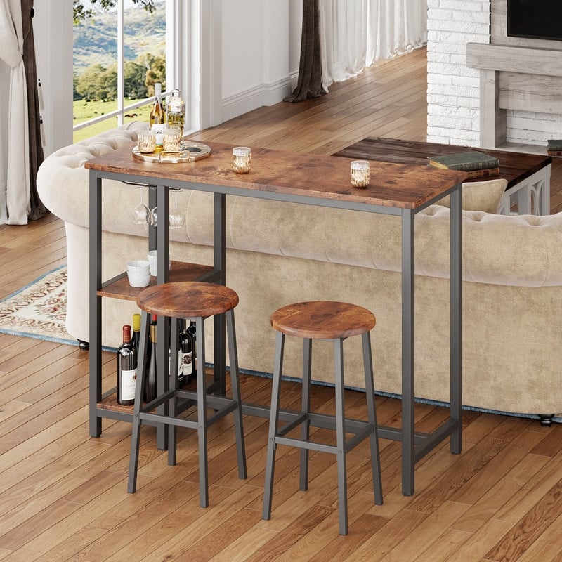 Bar Table Set with 2 Stools for Breakfast Nook, Dining Room, Living Room, Kitchen, Dining Hall