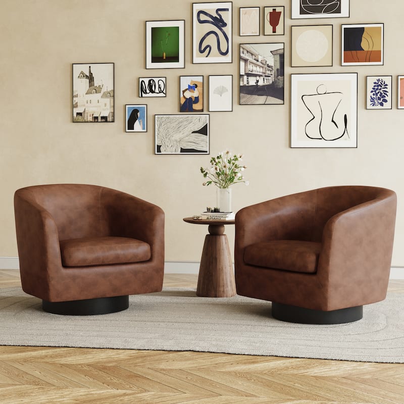 Faux Leather Accent Barrel Chair with Swivel Base - Set of 2 - Coffee/Set