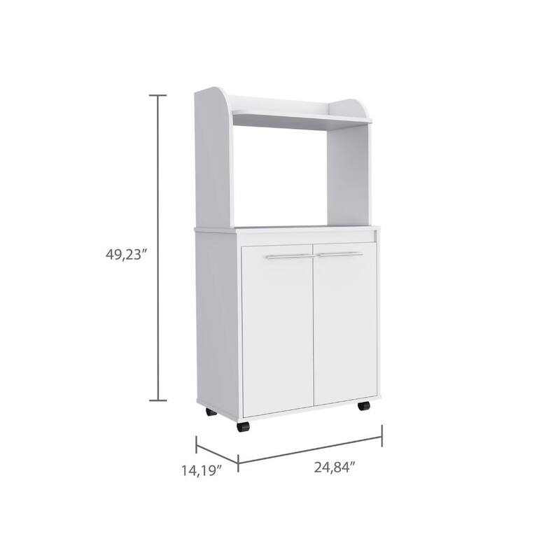White 1-Shelf 2-Door Kitchen Pantry with Countertop & Caster Wheels, Microwave Storage Solution