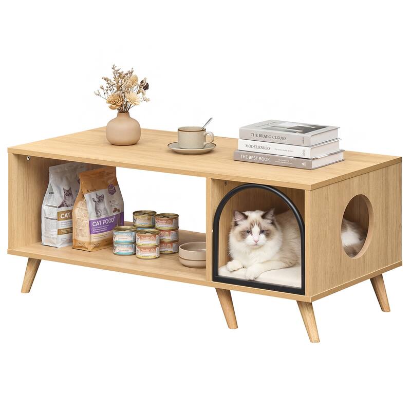 Gymax 40'' Coffee Table w/ Cat House 2-in-1 Farmhouse Cat Furniture - Natural - MDF