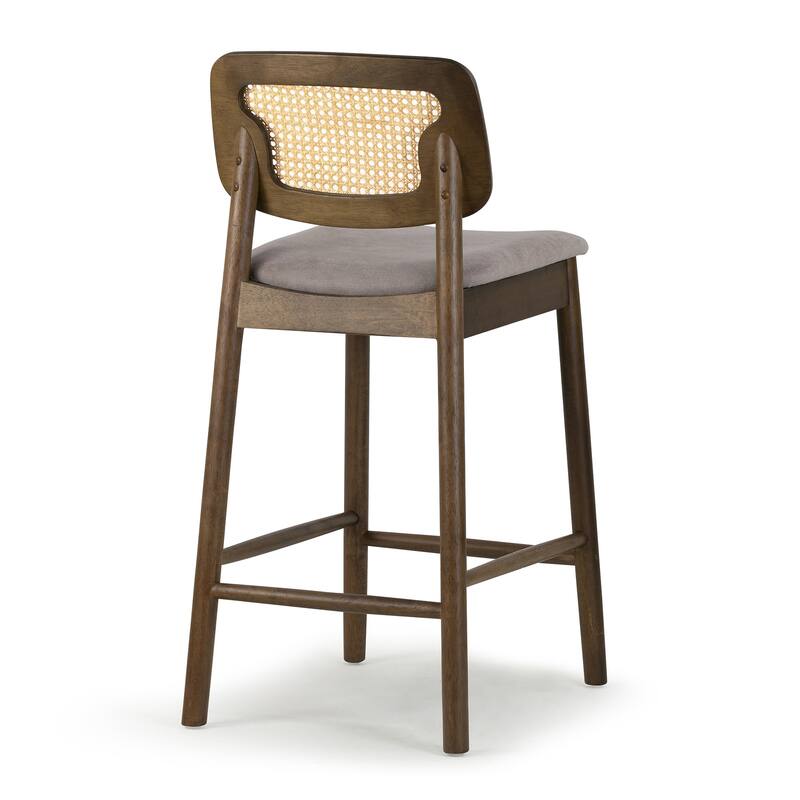 Set of 2 Azuka Gray Fabric Counter Stool with Rattan Back and Walnut Wood Legs