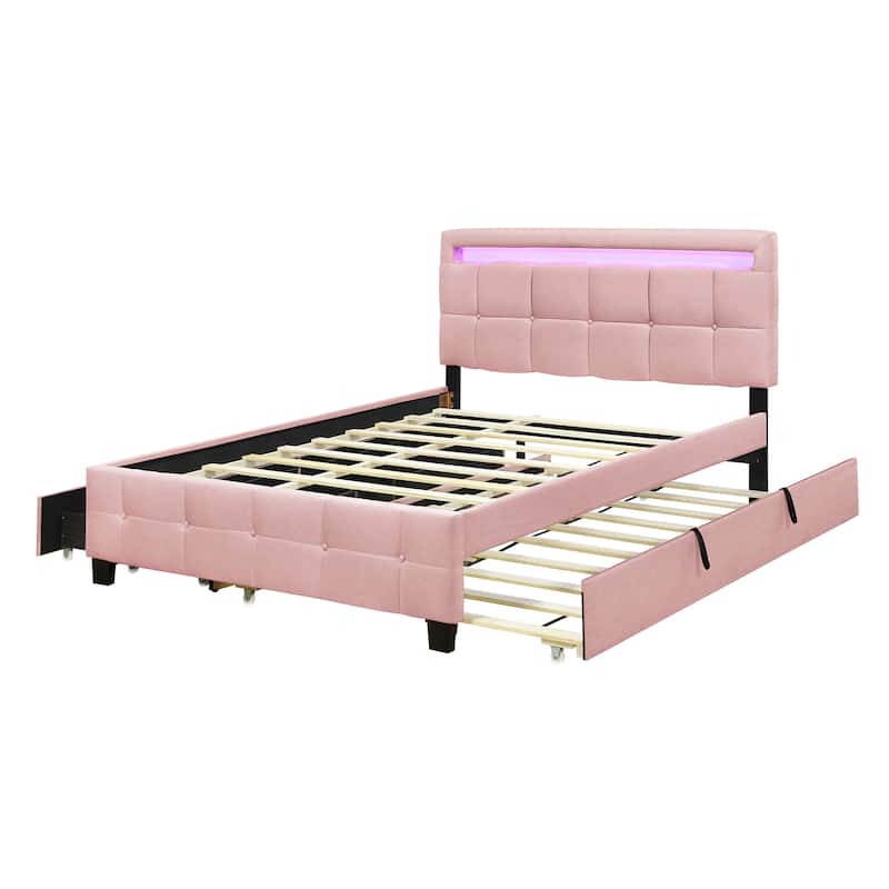 Queen Size Upholstered Platform Bed with LED Frame,with Twin XL Size Trundle