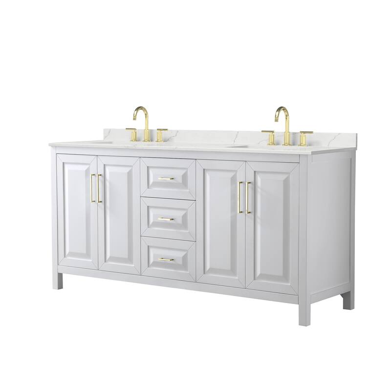 Daria 72-inch Double Vanity, 3 Hole Quartz Top - White, Gold Trim, Giotto Quartz Top