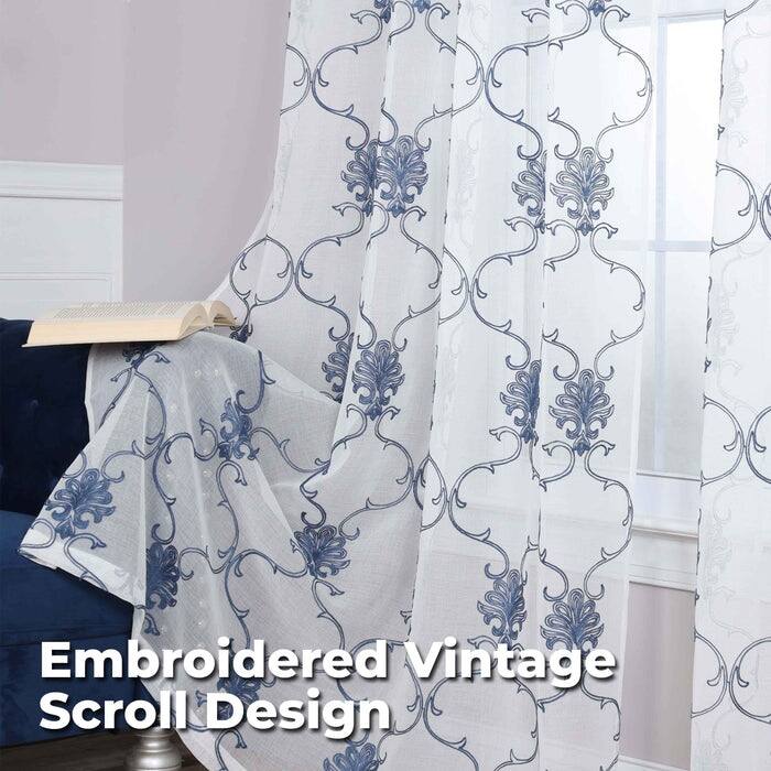 Superior Embroidered Elegant Scroll Sheer Grommet Curtain Panel - (Set of 2)