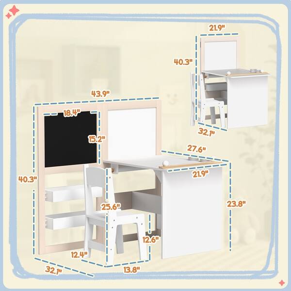Kids Table and Chair Set, 3-in-1 Art Desk with Blackboard, Whiteboard, Storage, and Roll Paper