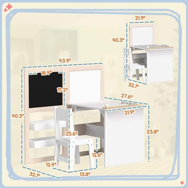 Qaba Kids Table and Chair Set, 3 in 1 Kids Art Table and Chair Set with Storage, Blackboard, Roll Paper, for 3-8 Years, White