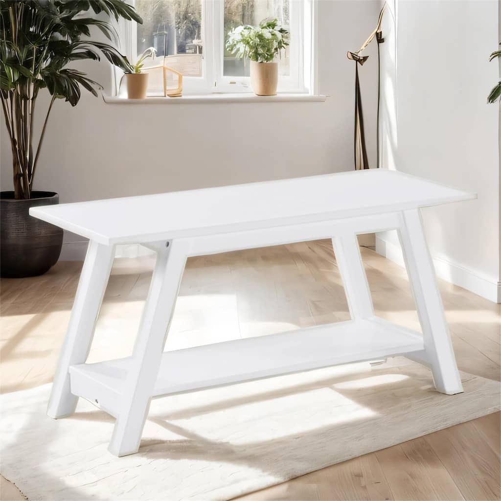 Solid Wood Bench with Shelf, 36.10-Inch Long, White