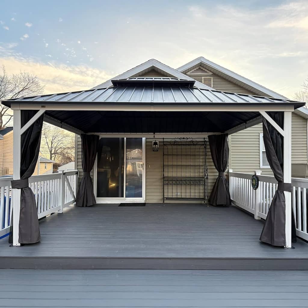 PURPLE LEAF Patio Hardtop Gazebo for Outdoor Grey Galvanized Steel Double Roof White Aluminum Poles