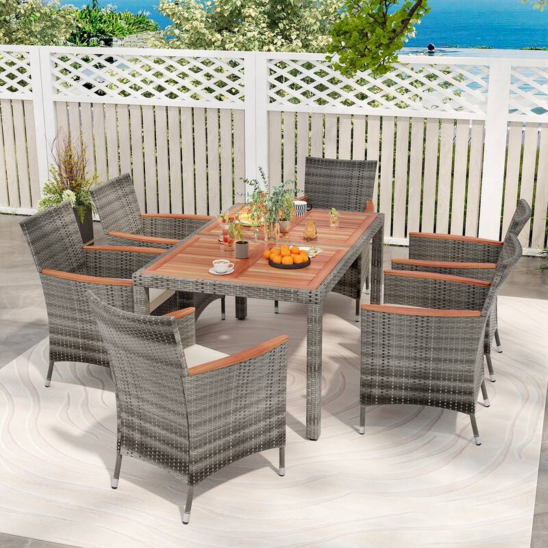 Cushioned 7-Piece Patio Dining Set in Acacia Wood and PE Rattan Wicker - 59" L x 35.5" W x 29" H