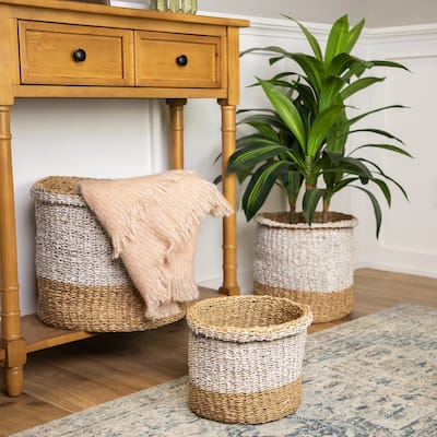 Round Wicker Table and Floor Baskets - Beige and White - Set of 3