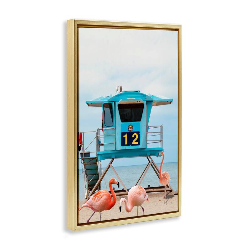 Stupell Beach Shore with Flamingoes Framed Floater Canvas Wall Art Design By Ashley Singleton
