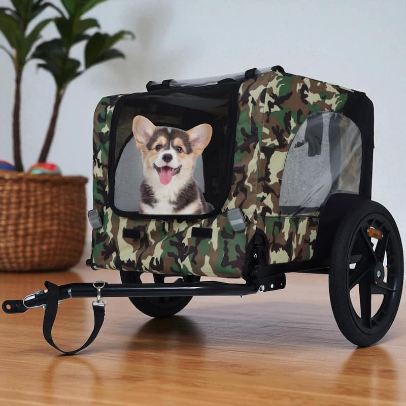 Heavy Duty Foldable Pet Bike Trailer - Dog & Cargo Carrier with 16-Inch All-Terrain Wheels and Universal Hitch - Camouflage