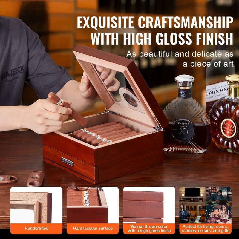 Cigar Humidor, Glass Top Cigar Humidor Box, Handmade Spanish Cedar Wood Cigar Desktop Box, Cigar Storage Case with Humidifier