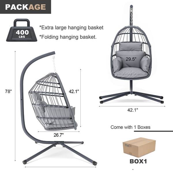 dimension image slide 1 of 2, Foldable Hanging Swing Chair with Stand - Indoor/Outdoor, Space-Saving Design, Comfortable Puffy Cushion