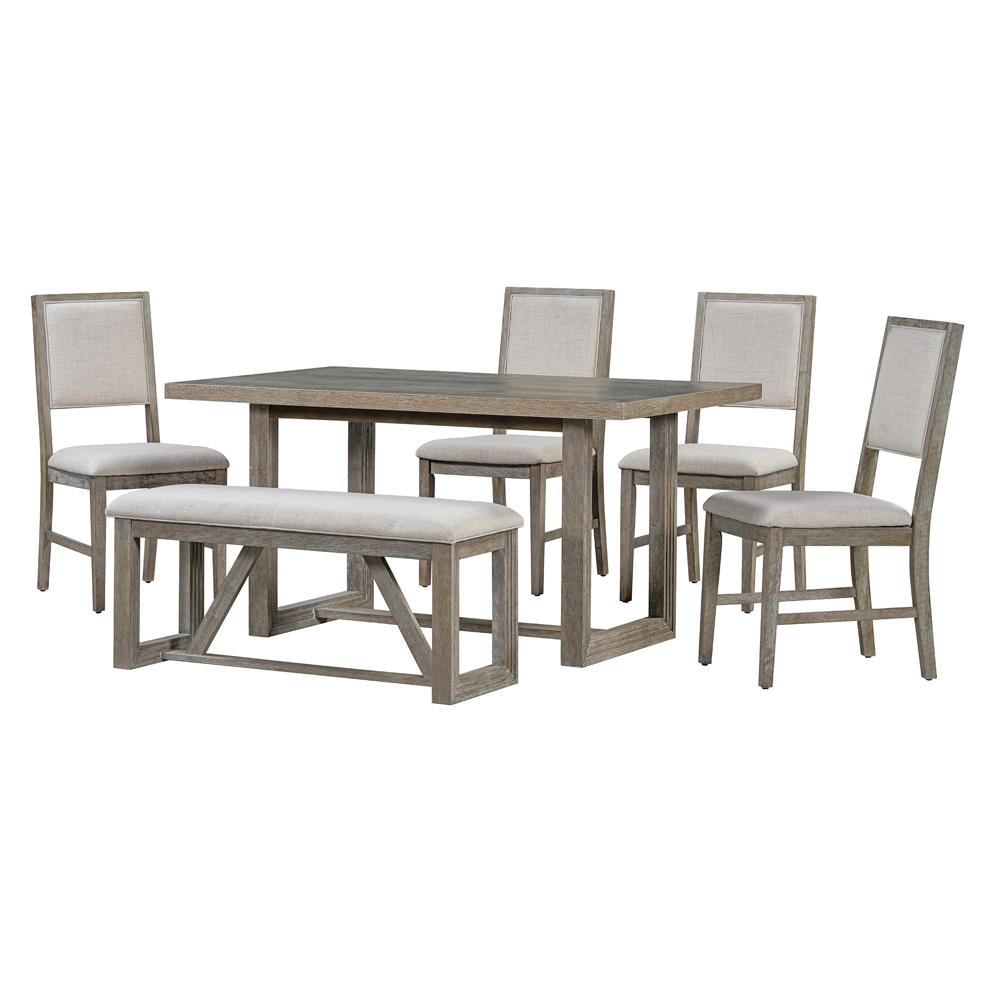 Retro 6-Piece Dining Table Set, Wood Kitchen Furniture with Spacious Table, Chairs and Versatile Bench
