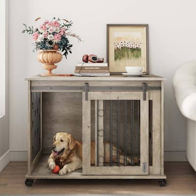 Sliding Barn Door Dog Crate Furniture with Flip-top Plate