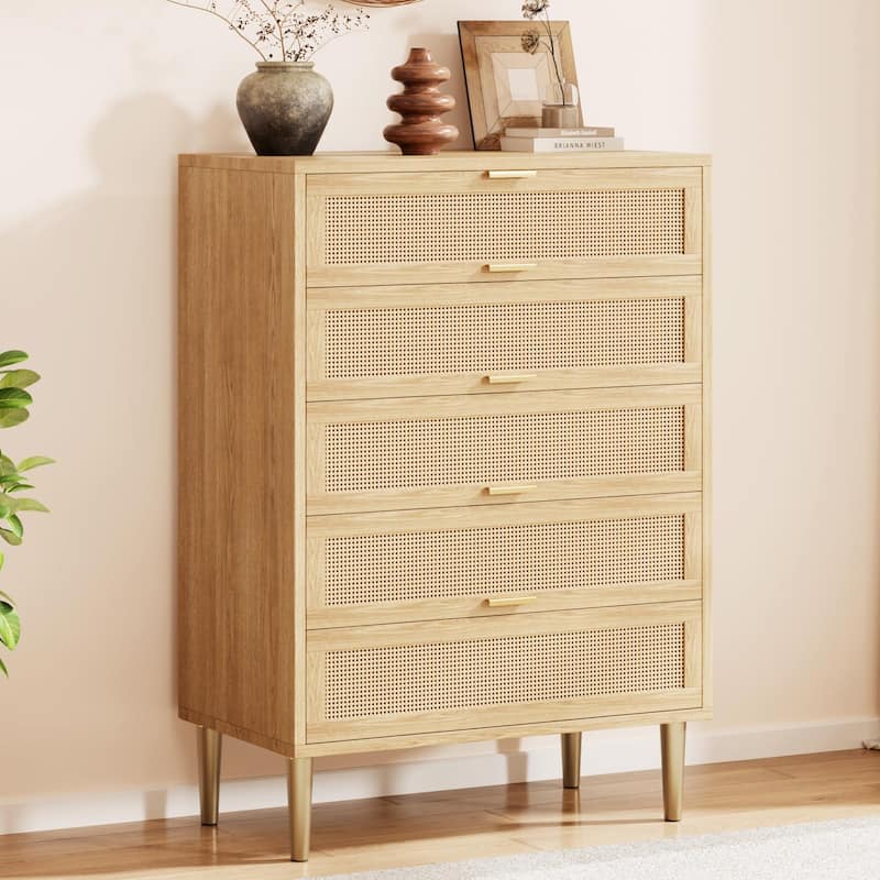 Rattan 5 Drawer Dresser, 44'' Tall Narrow Chest, Farmhouse Vertical Dresser with Metal Legs and Handles - Brown