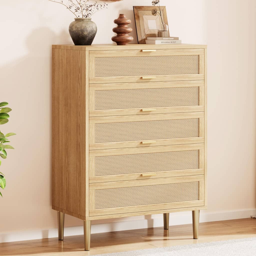 Rattan 5 Drawer Dresser, 44'' Tall Narrow Chest, Farmhouse Vertical Dresser with Metal Legs and Handles