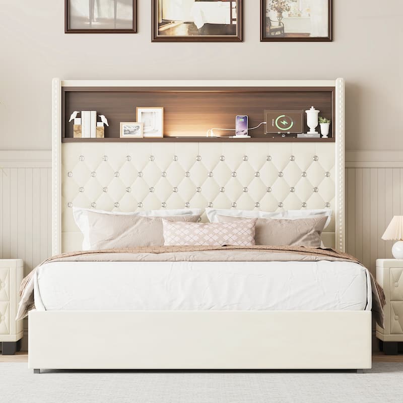 Full Size Tufted Soft Bed Frame with USB Port and Night Light