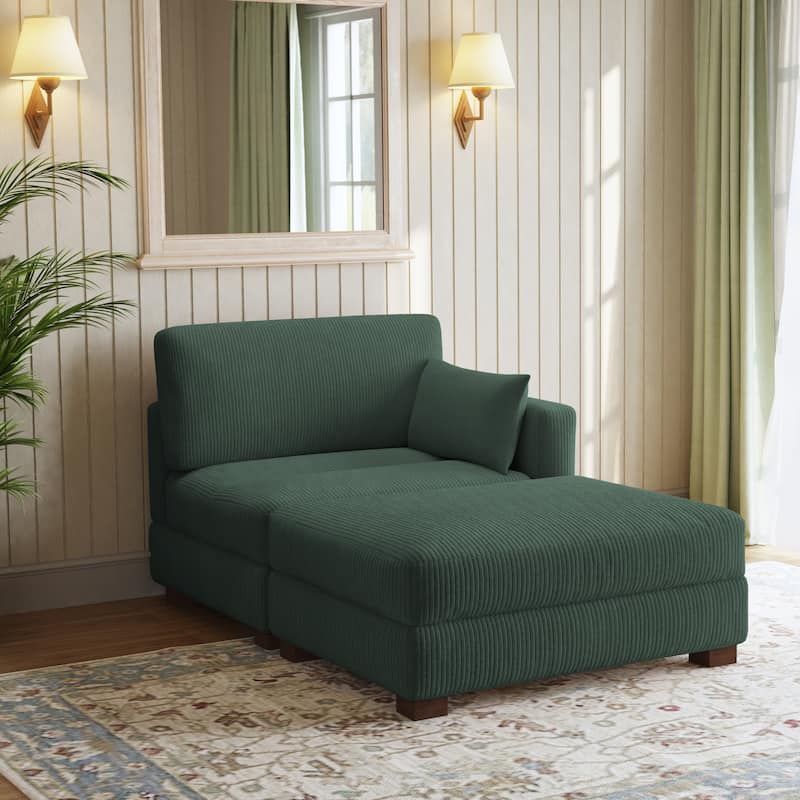 Modern Corduroy Upholstered Sectional Chaise Lounge with Ottoman - HUNTER GREEN-Right Facing - Right Facing