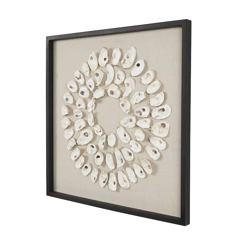Shell Handmade Abstract Circular Wall Decor with Beige Linen Backing and Black Frame - Cream - Roche River Decor