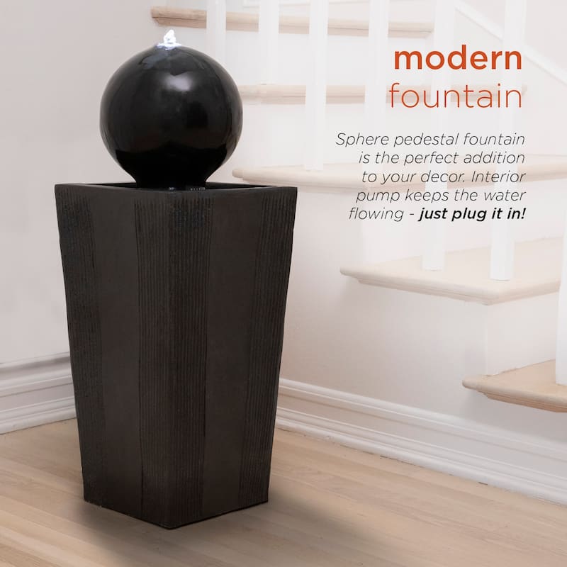 Alpine Corporation GIL786 33" Black Outdoor Modern Sphere Pedestal Water Fountain with LED Lights