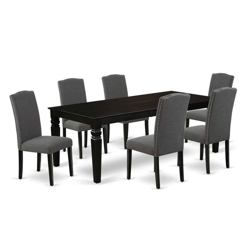 Modern Kitchen Table Set - 7Pc Rectangle Dining Table w/ Butterfly Leaf & 6 Parsons Chairs - Dark Gotham Grey