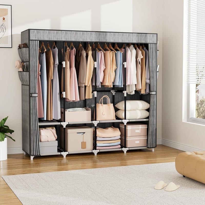 Portable Hanging Closet 67 Inches Wide, 4 Storage Shelves and 4 Hanging Rods for Bedroom Closets