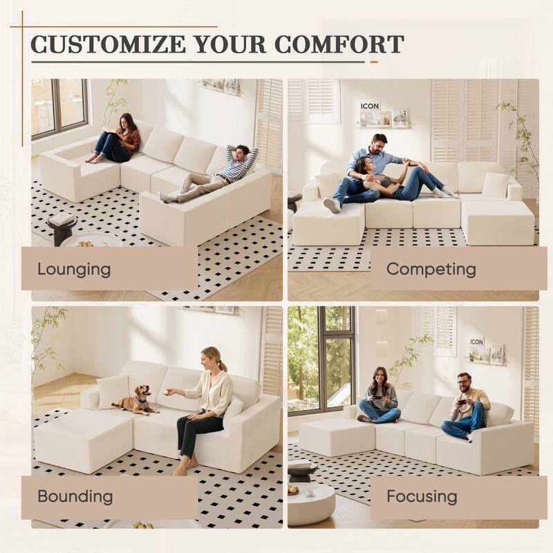 L Shaped Modular Sectional Couch, 126" Boneless Couches for Living Room, Modern Cloud Couch with Chaise Lounge