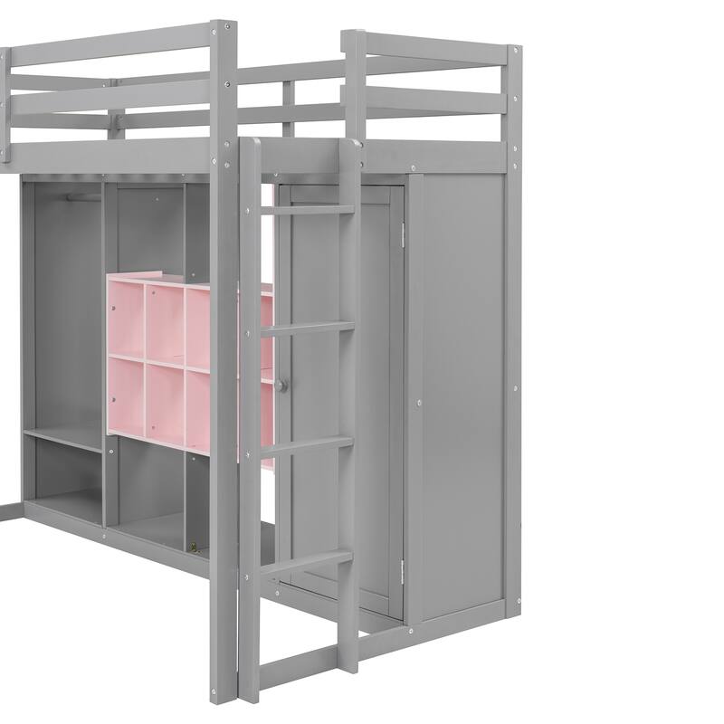 Twin Size Wood Loft Bed with Wardrobe, Shelves, and Cabinet in Gray and Pink