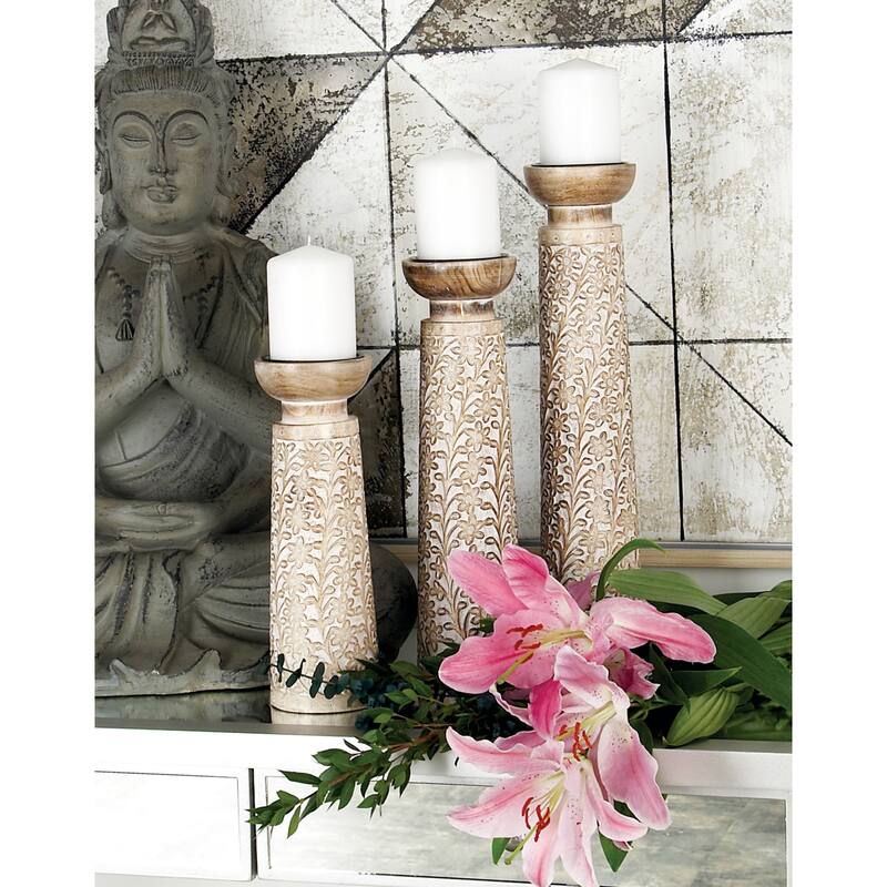 Mango Wood Floral Handmade Carved Pillar Candle Holder with Cream Accents - Set of 3 Brown - Roche River Decor