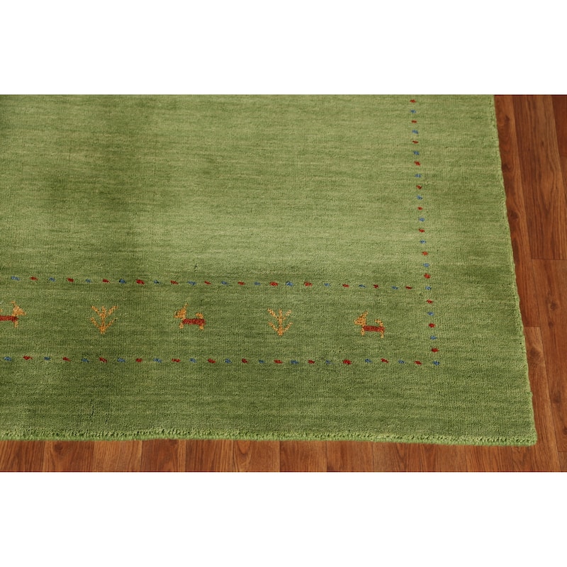Green Gabbeh Indian Area Rug Hand-Knotted Tribal Wool Carpet - 5'2" x 7'6"