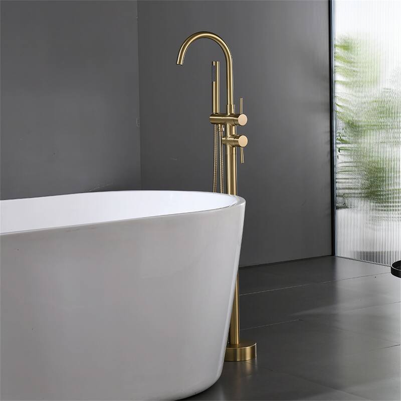 Freestanding Tub Faucet Brushed Gold Floor Mount Tub Filler with Double Handles and Handheld Shower Mixer Taps - Brushed Gold